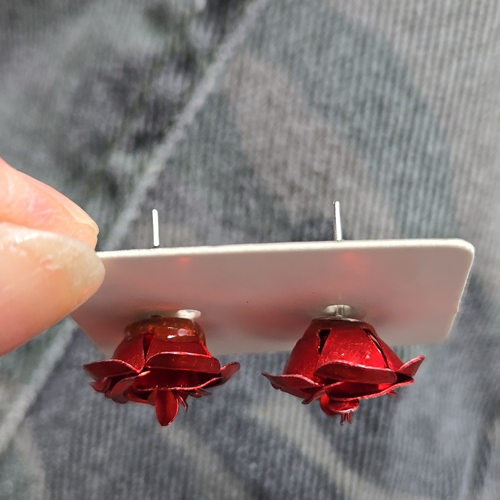 Vibrant Red Rose Stud Earrings - Picture 11 of 11
